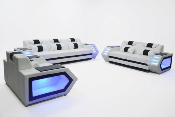 Sofa Kanapa Siedziba Podkładka Kompletny Zestaw Grupa Skóra Ustawić 3+2+1 + LED + USB Nowy