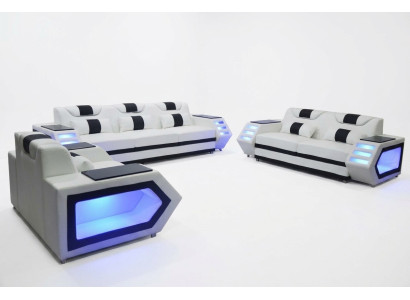 Sofa Kanapa Siedziba Podkładka Kompletny Zestaw Grupa Skóra Ustawić 3+2+1 + LED + USB Nowy