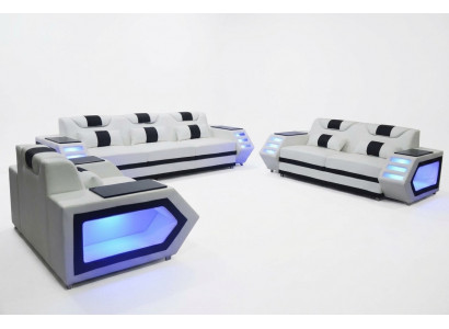 Sofa Kanapa Siedziba Podkładka Kompletny Zestaw Grupa Skóra Ustawić 3+2+1 + LED + USB Nowy