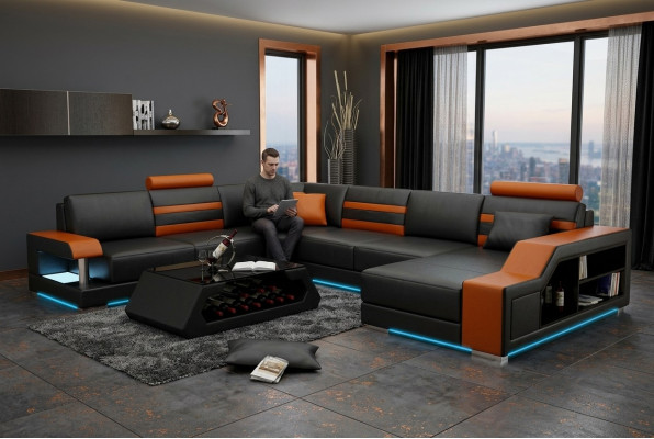 Designerska sofa Narożnikowa kanapa Żywy krajobraz z Półką Podkładka Siedziba Ustawić skórzaną sofę USB