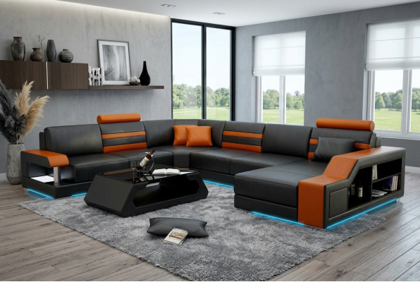 Designerska sofa Narożnikowa kanapa Żywy krajobraz z Półką Podkładka Siedziba Ustawić skórzaną sofę USB