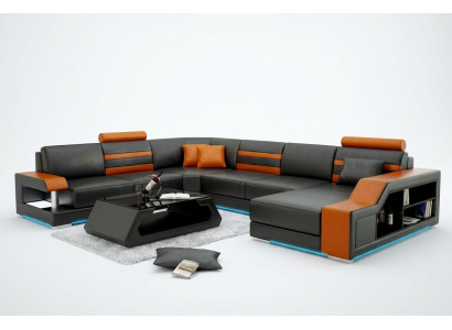 Designerska sofa Narożnikowa kanapa Żywy krajobraz z Półką Podkładka Siedziba Ustawić skórzaną sofę USB