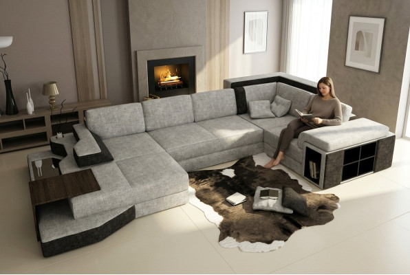 XXL Design Duża Sofa z USB Narożnikowa kanapa Kanapa Wohlandschaft U Form Skóra Włókienniczy Narożnik