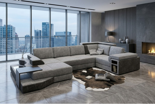 XXL Design Duża Sofa z USB Narożnikowa kanapa Kanapa Wohlandschaft U Form Skóra Włókienniczy Narożnik