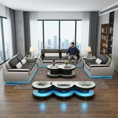 Sofa skórzana Kanapa Zestaw sofowy Nowa 3+2+1 miejsce do siedzenia Ustawić Design Nowoczesna Sofa + USB