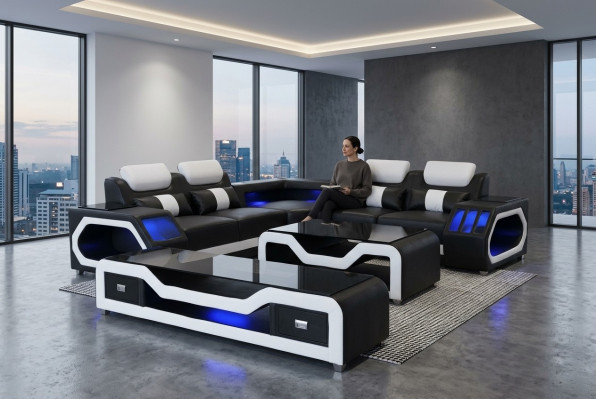 Skórzana sofa Żywy krajobraz Narożnik Ustawić Design Nowoczesna Sofa z USB + stolik kawowy