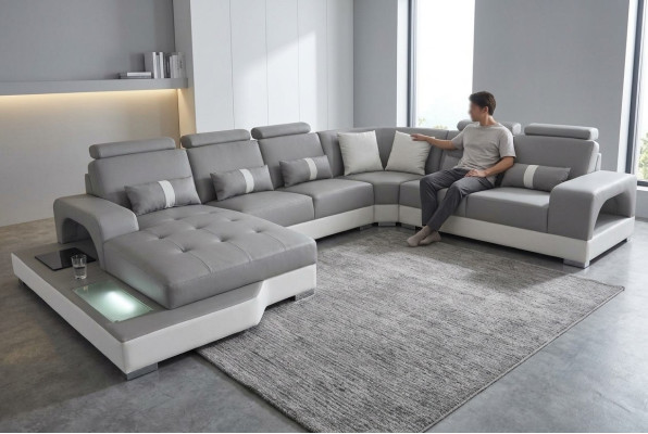 Skóra Narożnik Sofa Żywy krajobraz Ustawić Design Nowoczesne kanapy Sofy z USB LED Nowość