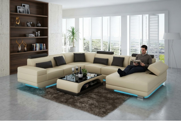 Skórzana sofa kanapa Żywy krajobraz Narożnik kanapa Narożnik Ustaw Design Nowoczesna Sofa Beige USB