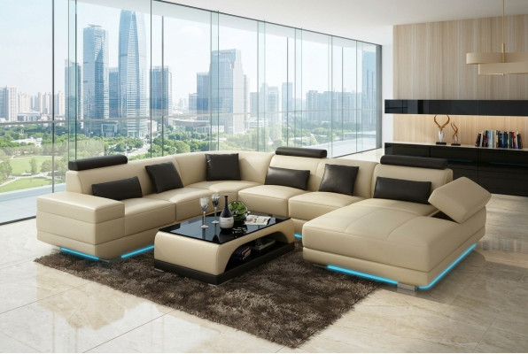 Skórzana sofa kanapa Żywy krajobraz Narożnik kanapa Narożnik Ustaw Design Nowoczesna Sofa Beige USB