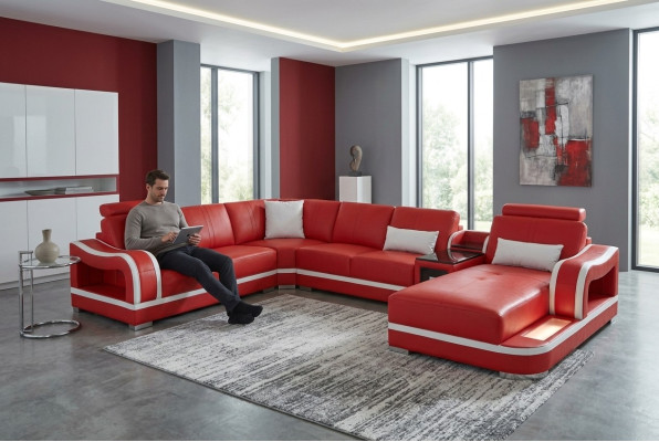 Skórzana sofa z USB Couch Żywy krajobraz Ustawić Design Nowoczesna sofa Narożnik w kształcie litery U