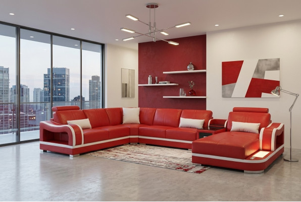 Skórzana sofa z USB Couch Żywy krajobraz Ustawić Design Nowoczesna sofa Narożnik w kształcie litery U