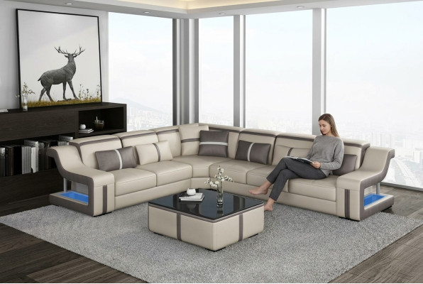XXL Narożnikowa kanapa Sofa z USB Narożnik Sofa do salonu Sofa Kanapa Tabela Podkładka Siedziba Skóra