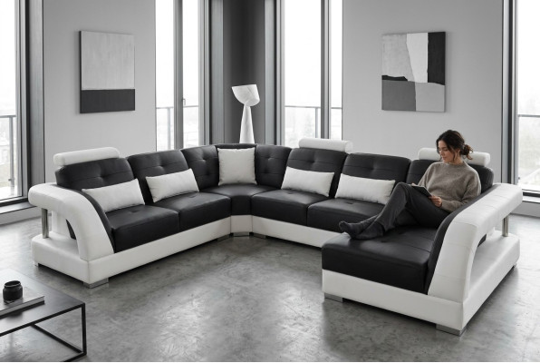 Design Skóra Żywy krajobraz Narożnik Sofa Nowoczesna kanapa Narożnik USB Nowy Czarny Ustawić