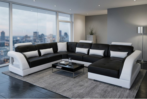 Design Skóra Żywy krajobraz Narożnik Sofa Nowoczesna kanapa Narożnik USB Nowy Czarny Ustawić