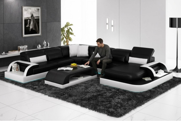 Sofa Narożnikowa kanapa Design Żywy krajobraz Czarny Podkładka Siedziba Ustawić Skórzana sofa USB