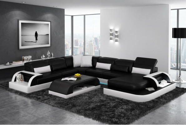 Sofa Narożnikowa kanapa Design Żywy krajobraz Czarny Podkładka Siedziba Ustawić Skórzana sofa USB