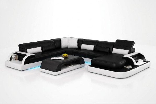 Sofa Narożnikowa kanapa Design Żywy krajobraz Czarny Podkładka Siedziba Ustawić Skórzana sofa USB
