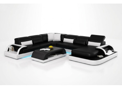 Sofa Narożnikowa kanapa Design Żywy krajobraz Czarny Podkładka Siedziba Ustawić Skórzana sofa USB