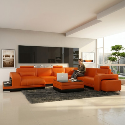 Design Skóra Żywy krajobraz Narożnik Sofa Nowoczesna Ustaw Kanapa Narożnik Nowy Pomarańczowy USB