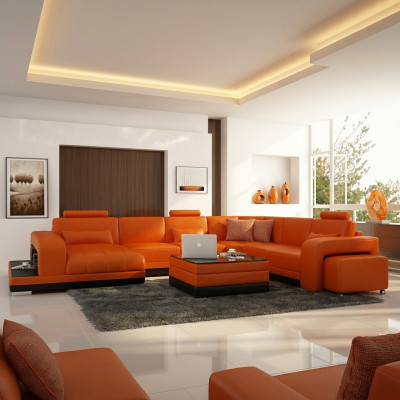 Design Skóra Żywy krajobraz Narożnik Sofa Nowoczesna Ustaw Kanapa Narożnik Nowy Pomarańczowy USB