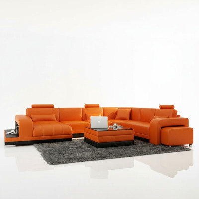 Design Skóra Żywy krajobraz Narożnik Sofa Nowoczesna Ustaw Kanapa Narożnik Nowy Pomarańczowy USB