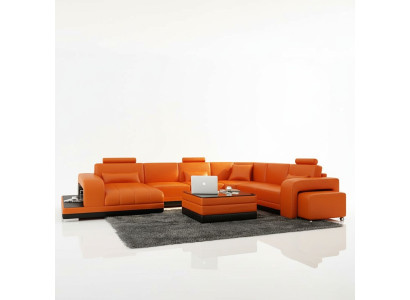 Design Skóra Żywy krajobraz Narożnik Sofa Nowoczesna Ustaw Kanapa Narożnik Nowy Pomarańczowy USB