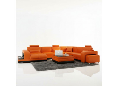 Design Skóra Żywy krajobraz Narożnik Sofa Nowoczesna Ustaw Kanapa Narożnik Nowy Pomarańczowy USB