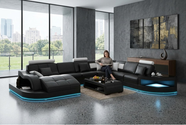 Skórzana sofa kanapa Żywy krajobraz Narożnikowa kanapa Narożnik Ustaw Design Nowoczesna Nowa Sofa +USB