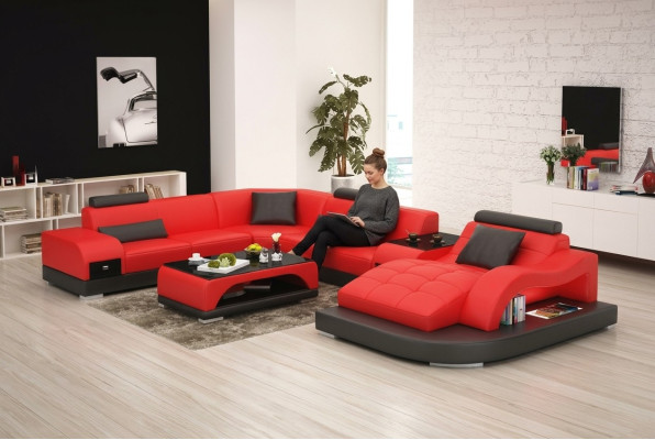 Skórzana sofa kanapa Żywy krajobraz Narożnik kanapa Narożnik Ustaw Design Nowoczesna Sofa +USB Czerwony