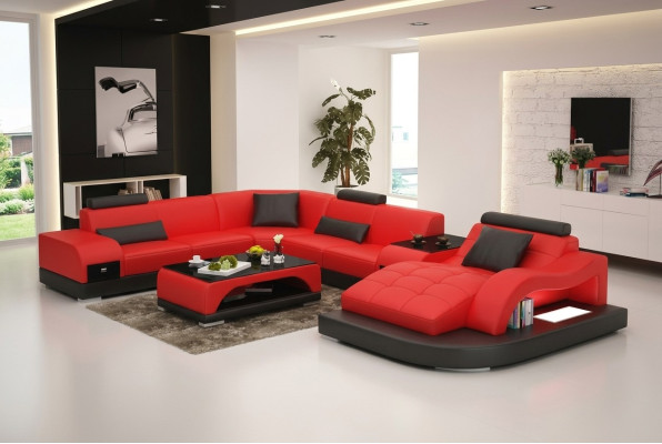 Skórzana sofa kanapa Żywy krajobraz Narożnik kanapa Narożnik Ustaw Design Nowoczesna Sofa +USB Czerwony