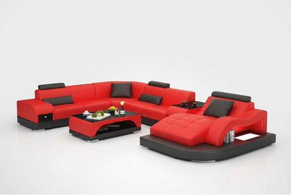 Skórzana sofa kanapa Żywy krajobraz Narożnik kanapa Narożnik Ustaw Design Nowoczesna Sofa +USB Czerwony