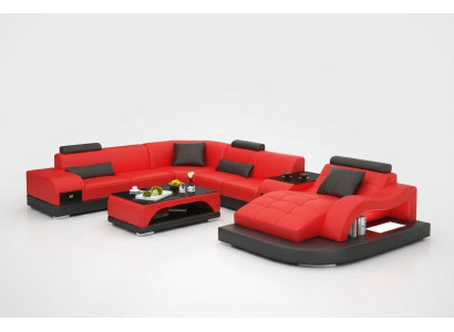 Skórzana sofa kanapa Żywy krajobraz Narożnik kanapa Narożnik Ustaw Design Nowoczesna Sofa +USB Czerwony