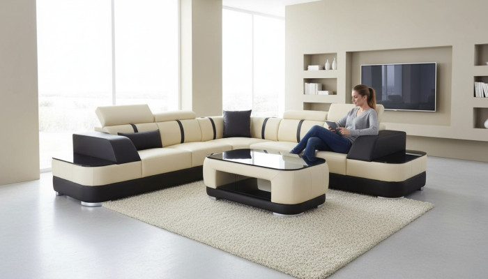 Narożnik Sofa + USB Skóra Podkładka Narożnik Ustawić Kanapy L Form+Tabela Żywy krajobraz