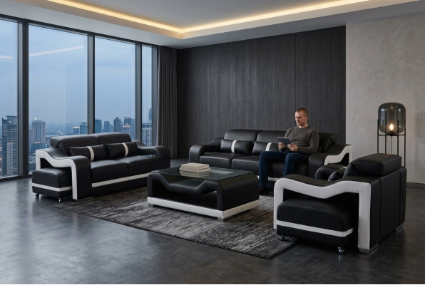 Sofa Skóra +USB, Kanapa Podkładka Ustawić 3+2+1 Siedziba Komplet Obcios +Tabela