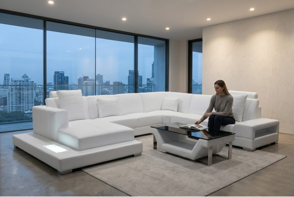Skórzana sofa Narożnikowa kanapa Żywy krajobraz Couch Podkładka Zestaw narożny Część wypoczynkowa + Tabela +USB