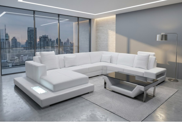 Skórzana sofa Narożnikowa kanapa Żywy krajobraz Couch Podkładka Zestaw narożny Część wypoczynkowa + Tabela +USB