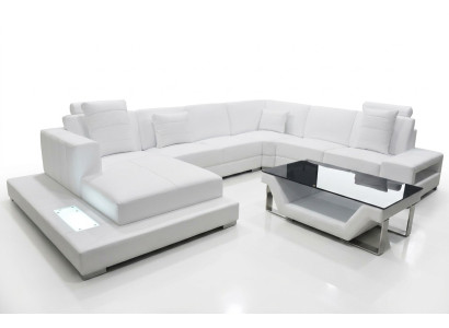 Skórzana sofa Narożnikowa kanapa Żywy krajobraz Couch Podkładka Zestaw narożny Część wypoczynkowa + Tabela +USB
