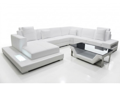 Skórzana sofa Narożnikowa kanapa Żywy krajobraz Couch Podkładka Zestaw narożny Część wypoczynkowa + Tabela +USB