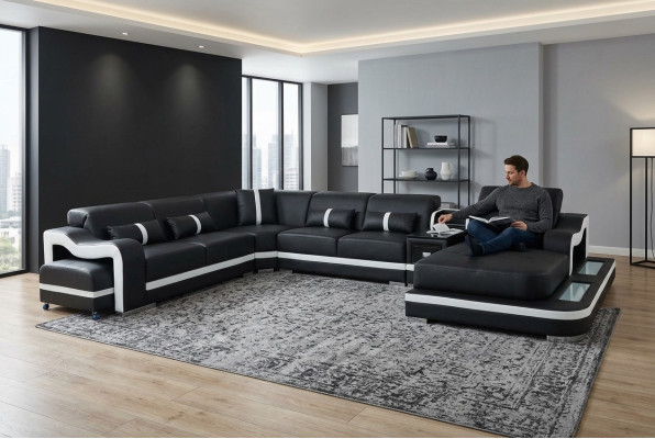 Skóra Couch Podkładka Siedziba Design Narożnik Ustawić Sofa Żywy krajobraz + Light + USB