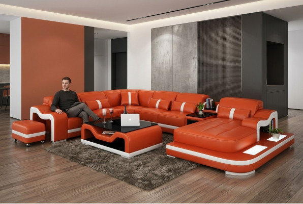 Skórzana sofa z USB Couch Żywy krajobraz Narożnikowa kanapa Narożnik Ustawić Design Modern Sofa