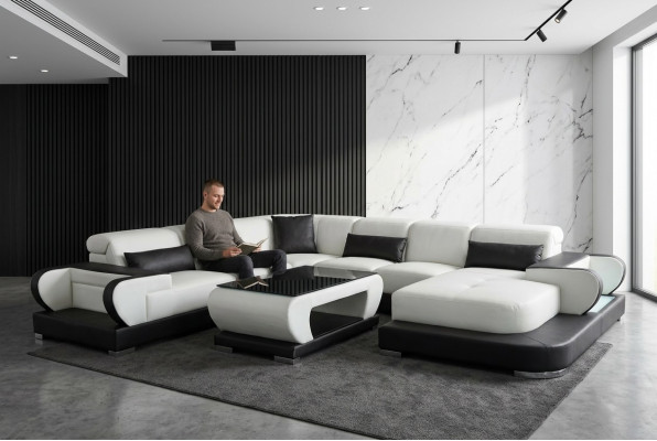 Kanapa Narożnikowa kanapa z USB Skóra Żywy krajobraz Ustawić Design Nowoczesna Sofa +Tabela