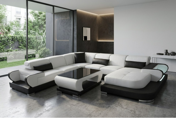 Kanapa Narożnikowa kanapa z USB Skóra Żywy krajobraz Ustawić Design Nowoczesna Sofa +Tabela