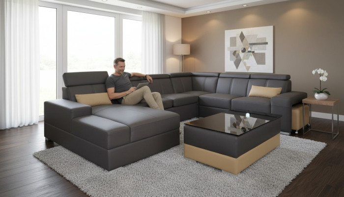 Nowoczesny zestaw wypoczynkowy Sofa Narożnik Część wypoczynkowa Skóra Kanapa Podkładka Żywy krajobraz USB