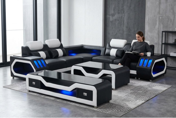 Nowoczesna skórzana sofa Żywy krajobraz Sofa w kształcie litery L Dźwięk - USB - Bluetooth Nowość