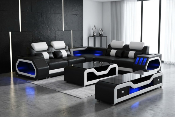 Nowoczesna skórzana sofa Żywy krajobraz Sofa w kształcie litery L Dźwięk - USB - Bluetooth Nowość