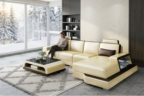 Nowoczesny narożnik Design Sofa Podkładka Narożnik Żywy krajobraz Skóra Włókienniczy Couch LED