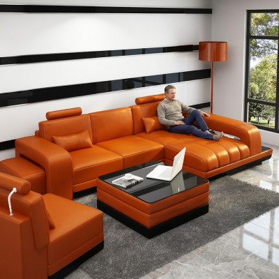 Sofa skórzana Kanapa Żywy krajobraz Narożnikowa kanapa Narożnik Ustaw Design Sofa USB Pomarańczowa Nowość