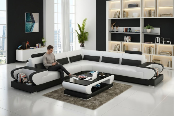 Skórzana sofa kanapa Żywy krajobraz Narożnik Ustawić Design Nowoczesna Sofa z USB Narożnikowa kanapa