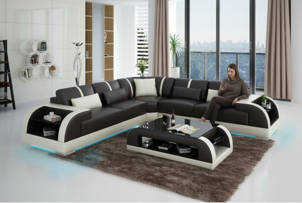 Skórzana sofa kanapa Żywy krajobraz Narożnik kanapa Narożnik Ustaw Design Nowoczesna Sofa LED USB