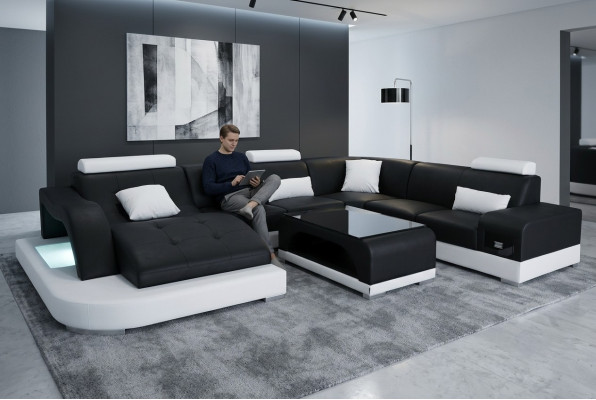 Skóra Sofa z USB Modern Siedziba Couch Podkładka Design Narożnik Żywy krajobraz Tabela